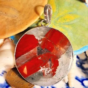 2", Super-Chunky, Oval Shaped, Bright Red Stone Disc Pendant/Sparkling Crystals.